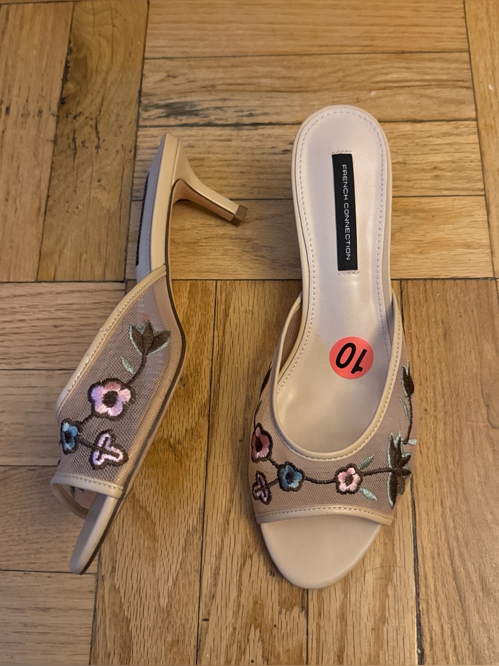 French Connection Beige Embroidered Floral Slide Mules